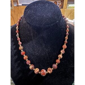 Red‎ Stone Jasper Beaded Necklace Gold Accents Boho Handmade Women's Jewelry